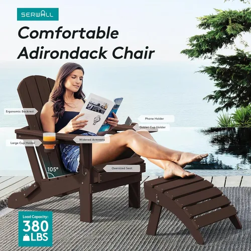 Vista 6 de SERWALL Silla Adirondack con portavasos, sillas Adirondack compuestas de polietileno de alta densidad para exteriores, para todo tipo de clima Café