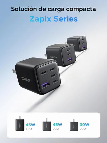 Vista 6 de UGREEN Bloque de cargador USB C de 5 puertos de 45 W, PD/PPS/QC de carga rápida de 45 vatios, cargador GaN con 4 puertos USB C para iPhone 17/16/15