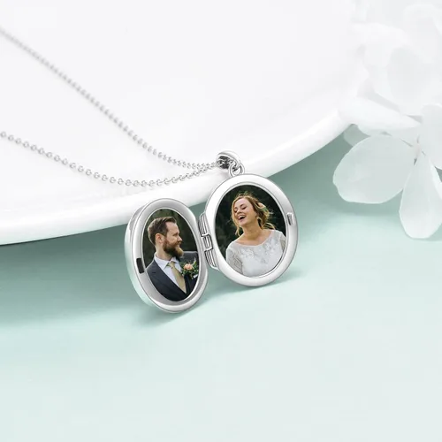 Vista 3 de Collar de plata de ley con medallón de fotos que sostiene fotos, forma ovalada, joyería de fotos para madre, hija, esposa, Plata esterlina