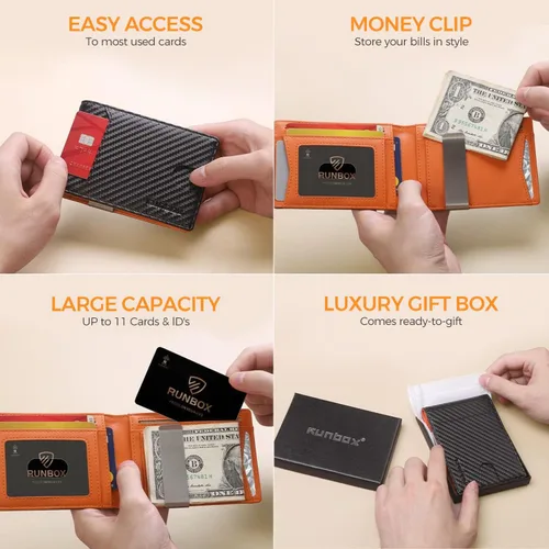 Vista 6 de RUNBOX - Carteras delgadas para hombre, cartera de piel con pinza para el dinero, cartera de bolsillo frontal con bloqueo RFID, tarjetero