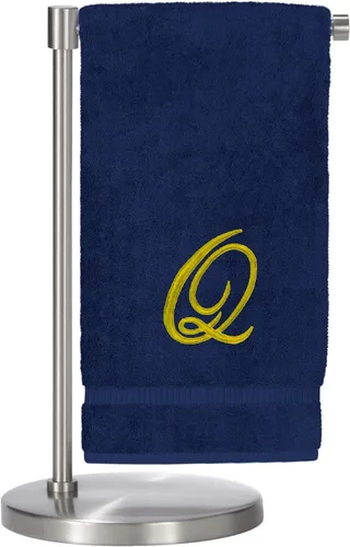 Vista 17 de Script R - Toalla de baño con monograma, regalo personalizado, 27 x 54 pulgadas, juego de 1 toalla bordada con texto dorado, 100% algodón turco Navy