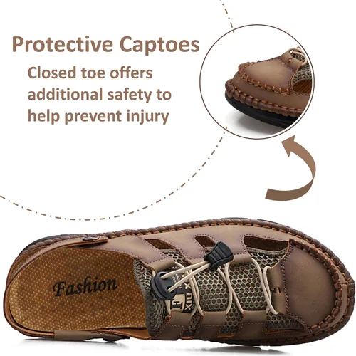 Vista 2 de MAIZUN Sandalias de cuero con puntera cerrada para hombre, correa atlética, para exteriores, ajustables, para pescador, sandalias de verano