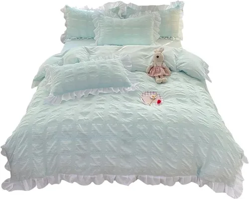 Vista 2 de ADovz Juego de ropa de cama con volantes y encaje, falda de cama para mujer, color sólido, tamaño Queen, juego de funda de edredón para cama doble