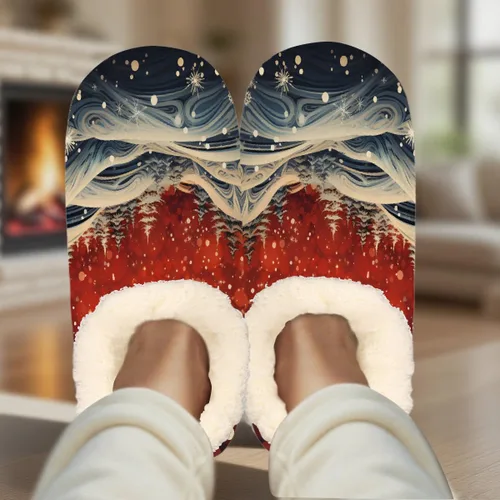 Vista 2 de Pantuflas mullidas antideslizantes para mujer con forro esponjoso, acogedoras pantuflas de dormitorio para mujer Abstract Red Snowflake Pine Trees