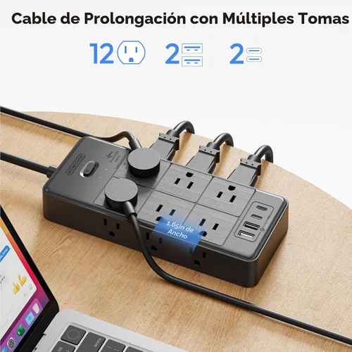 Vista 3 de NTONPOWER Tira de alimentación con cable largo, cable de extensión de 25 pies con 12 salidas y 4 puertos USB (2 USB C), extensor de múltiples