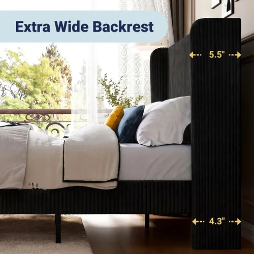 Vista 6 de Allewie Marco de cama tamaño completo con cabecera tapizada tipo wingback, cama plataforma de terciopelo de pana con capitoné de canales verticales
