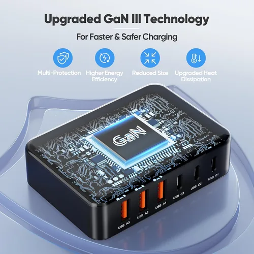 Vista 6 de GaN - Estación de carga de 130 W para múltiples dispositivos, bloque de carga rápida USB C de 6 puertos para iPhone 17 16 15 14 Pro Max, iPad, Negro