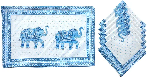 Vista 17 de Juego de 6 manteles individuales 100 % algodón estilo indio para mesa de comedor y servilletas (azul 1)