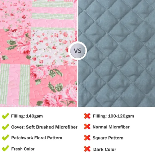 Vista 5 de Colcha floral con 1 funda de almohada, tamaño individual, juego de edredón de retazos rosa de 2 piezas, edredón de verano para niñas y mujeres