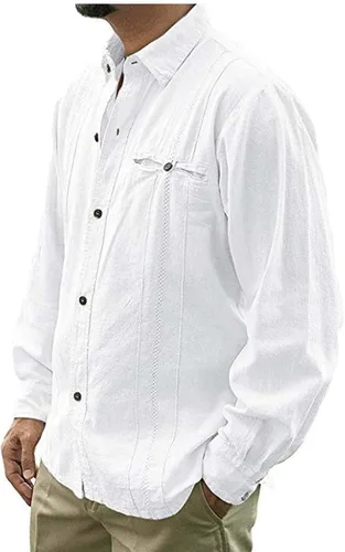 Vista 3 de Camisas Guayabera para hombre, estilo casual, con botones, de lino, de algodón, para campamento, playa, con cuello en otoño, color liso