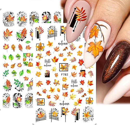Vista 3 de 6 hojas de calcomanías de arte de uñas de otoño, calcomanías de hojas de arce, calcomanías autoadhesivas 3D, calcomanías de uñas de otoño, hojas