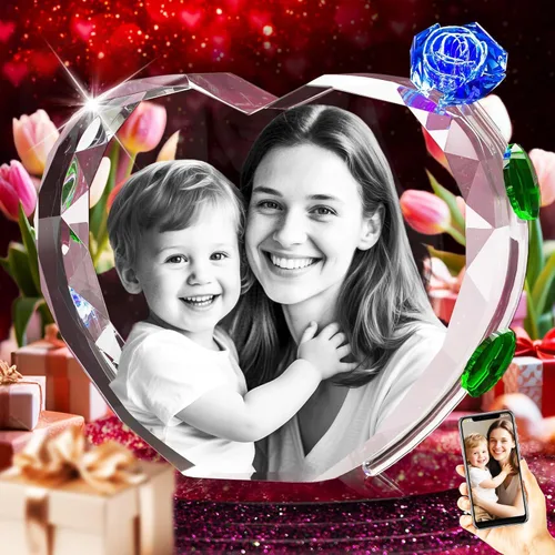 Vista 10 de 3D Crystal Photo with Red Crystal Rose, Personalized Mothers Day Gifts for Mom, Wife, Women, Her, Girlfriend, Couple, Customized Glass Photo