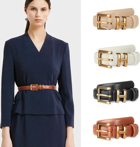 Vista 142 de Cinturón de cuero clásico con hebilla de metal para mujer con vestido de jeans