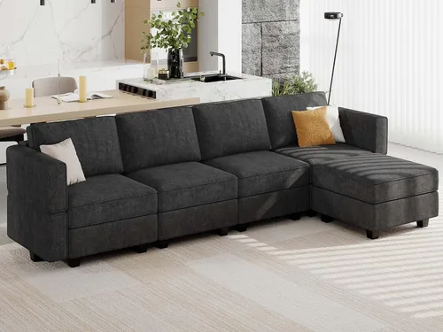Vista 16 de Belffin Sofá en forma de U Sofá modular reversible de almacenamiento otomano Sofá de 6 plazas sofás grandes Sofá en forma de U Negro
