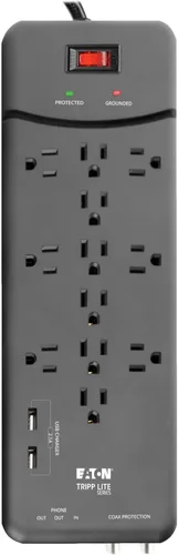 Vista 7 de Eaton Tripp Lite TLP128TTUSBB Protector de sobretensiones con puertos de carga USB, 2 puertos USB, 12 tomas de corriente, enchufe plano, cable