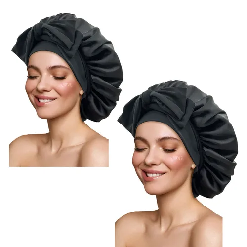 Vista 13 de Gorro de satén de seda para dormir con banda de amarre y tiras ajustables, para mujeres con cabello rizado y trenzado, color negro, tamaño grande