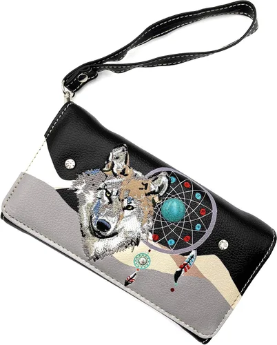 Vista 2 de Lobo bordado atrapasueños pluma tribal ocultar llevar bolso de mano