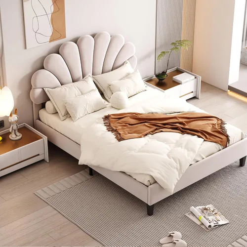 Vista 3 de Cama de plataforma tapizada de tamaño matrimonial con cabecera de terciopelo, no necesita somier, color beige