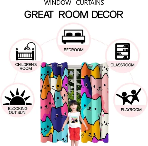 Vista 6 de Cortinas de Gato - Lindas Cortinas Opacas de Gato para Habitación de Niños Decoración Kawaii para Dormitorio de Niñas, 2 Paneles, 82 x 63 pulgadas