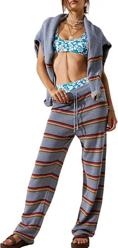 Vista 3 de Conjunto de 2 piezas de punto para mujer, suéter suelto con estampado de rayas Y2K + pantalones elásticos, ropa estética urbana