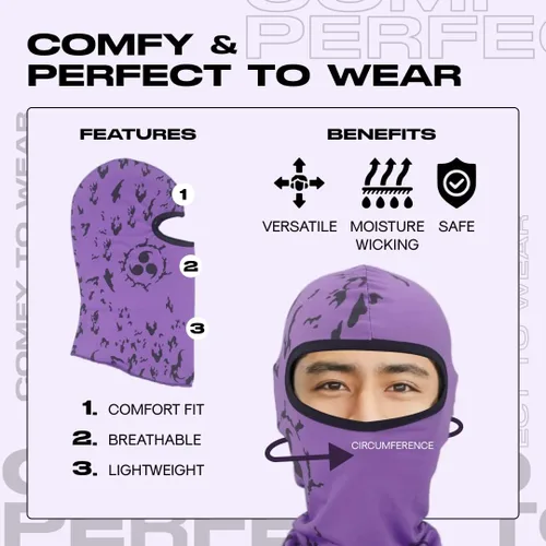 Vista 3 de Máscara de esquí de anime con diseño Pasamontañas púrpura Cm negro A verano Skii y máscaras de invierno para hombres y mujeres, cubierta facial