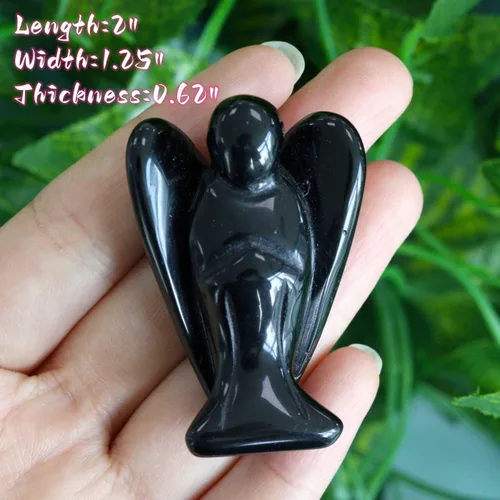 Vista 2 de YATOJUZI Estatua de ángel de obsidiana negra de 5 cm decorativa con cristales curativos de Reiki, piedra natural pulida tallada a mano, figuritas