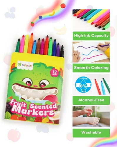 Vista 3 de D-FantiX 12 Packs Fruit Scented Washable Markers for Kids Toddlers, 144 Count Coloring Markers Set, Bulk Art Supplies, Back to School Supplies