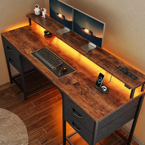 Vista 17 de Huuger Escritorio para computadora de 47 pulgadas con 4 cajones, escritorio para juegos con luces LED y tomas de corriente, escritorio de oficina