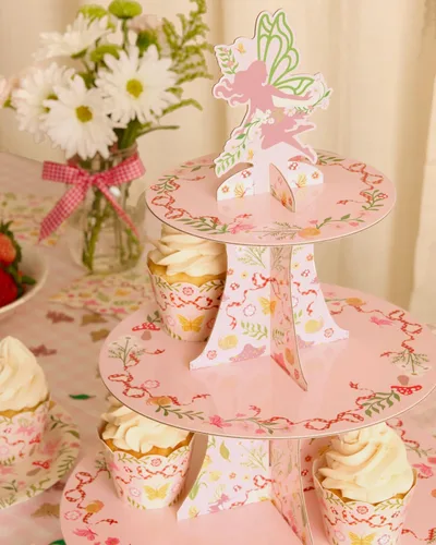 Vista 2 de xo, Fetti Garden Fairy Cupcake Tower, 3 niveles Decoraciones de fiesta de mariposa para niños, fiesta de té, cumpleaños, bosque de bosques, país
