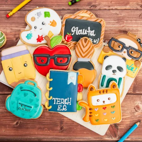 Vista 2 de Juego de cortador de galletas de regreso a clases con sellos de émbolo, 11 piezas, regalos de cocina, cumpleaños, vacaciones, ácido poliláctico 3D