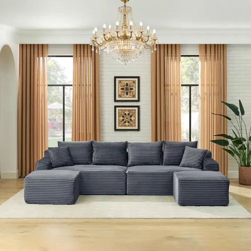 Vista 11 de Sofá seccional de nube en forma de U de 115 pulgadas, sofá modular comprimido sin hueso con diván otomano reversible, sofá simétrico de pana de Gris