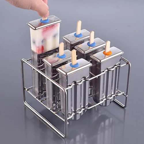 Vista 8 de Molde de paletas de acero inoxidable 304 con base de soporte, 6 unidades DIY Casero Frozen Lolly Maker, Molde de Palillo de Helado de Fruta, Molde