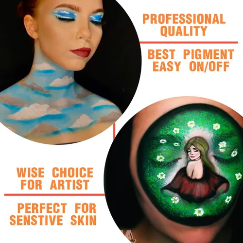 Vista 4 de Bowitzki Pintura facial profesional de 12 x 10 gm, kit de pintura corporal, plantilla de un trazo dividida para tartas, caja fuerte, no tóxico, arco