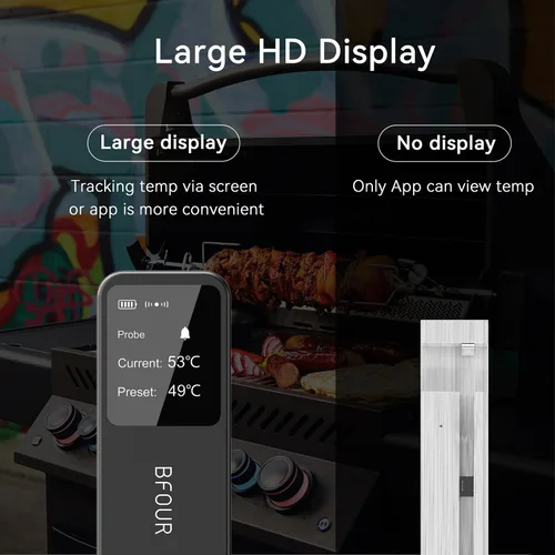 Vista 3 de BFOUR Termómetro de Carne Digital Inalámbrico con Amplificador LCD, Termómetro Bluetooth para Cocinar Alimentos con Aplicación Inteligente, Alcance