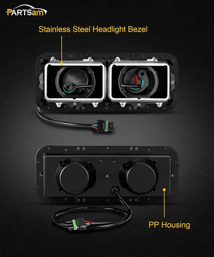 Vista 3 de Base de carcasa de faro PARTSam con enchufes H4, arneses de cableado, bisel de acero inoxidable de repuesto para Kenworth T600 T800 W900, Peterbilt