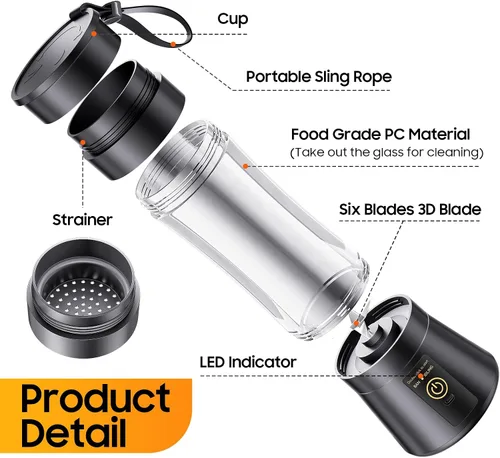 Vista 8 de Mini licuadora personal para batidos - Licuadora portátil de 12 oz en Negro