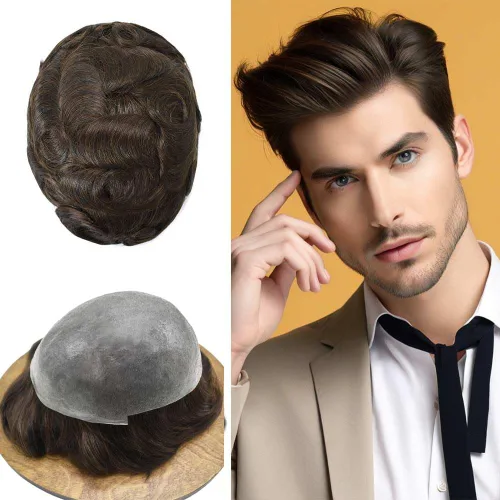 Vista 20 de 0.002 in ultra fina piel tupé Remy cabello humano piezas para hombres V-Looped sistema de pelo para hombre tupé pelo tupé para hombres protesis