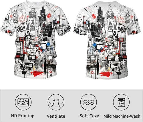 Vista 5 de Srcnhim Camiseta con marcadores de graffiti con letras callejeras para hombre, impresión 3D, camiseta gráfica de graffiti