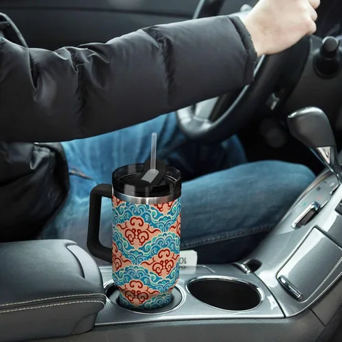 Vista 7 de Botellas de agua reutilizables al vacío con diseño de nube de cultura china, tapa a prueba de fugas y pajita, taza de té decorativa para agua, té