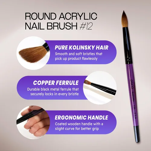 Vista 3 de PANA Pure Kolinsky Cepillo de uñas acrílico con mango de madera - forma redonda Púrpura