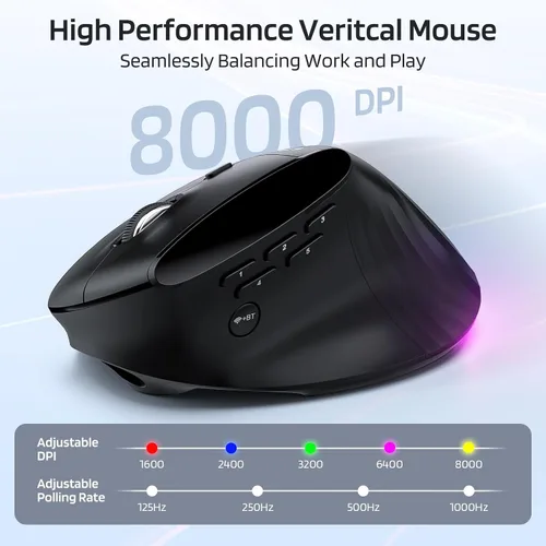 Vista 6 de LTC GM051 Ratón ergonómico vertical inalámbrico – 8K DPI óptico, 9 botones programables (5 lados), recargable 850mAh, Bluetooth