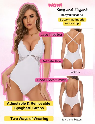 Vista 2 de Quzzion Lace Bodysuit Women Tummy Control V Neck Tank Tops Backless Shapewear Thongs One Piece Sexy Lingerie