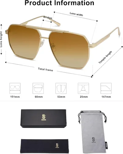 Vista 5 de SOJOS Gafas de sol polarizadas cuadradas de gran tamaño retro para mujeres y hombres, tonos vintage, UV400, lentes de sol clásicos grandes de metal