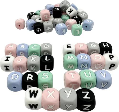 Vista 7 de Alfabeto de silicona con 26 cuentas de letras de 0.472 in, 100 cuentas de silicona para collar y pulsera de bricolaje