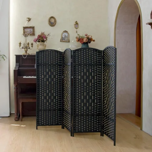 Vista 15 de Divisor de habitación corto compacto de 3 paneles, pantalla plegable de ratán de doble cara de 47.2 pulgadas de alto para el hogar y la oficina