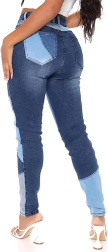 Vista 3 de vanberfia - Pantalones elásticos de cintura media para mujer, diseño retazos de mezclilla