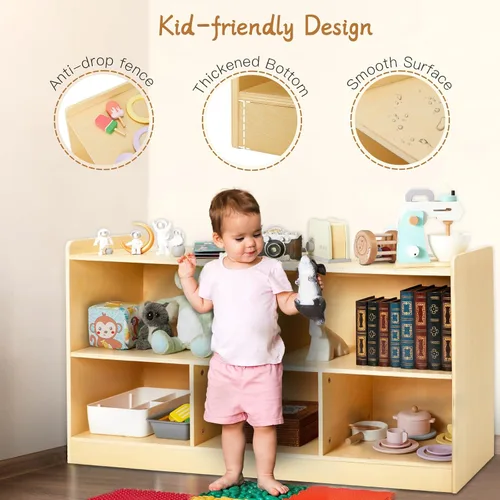 Vista 3 de Estante Montessori, organizador de almacenamiento de juguetes de madera para libros, juguetes, estantería de 2 estantes, armario de almacenamiento