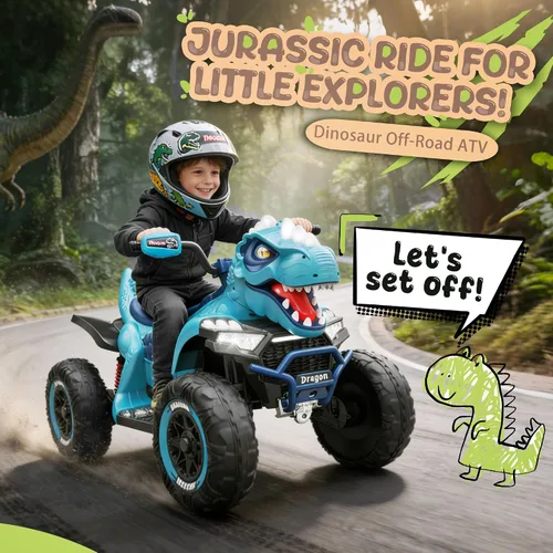 Vista 2 de ATV de dinosaurio de 24 V, motor de potencia de 200 W x 2, ruedas grandes, juguete de 2 plazas con control parental, suspensión de 4 ruedas, luces