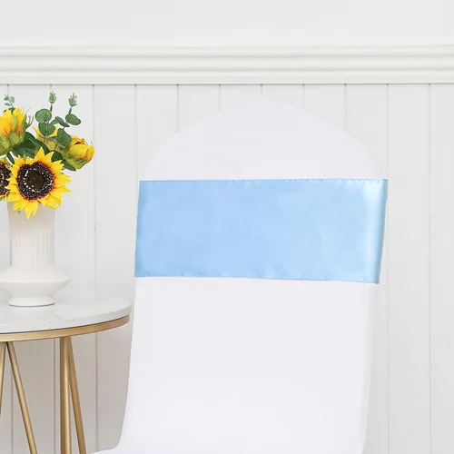 Vista 6 de Paquete de 50 cintas de satén para sillas color azul bebé, 7 x 108 pulgadas, cintas universales doradas para sillas de boda, ceremonia, fiesta