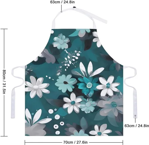 Vista 2 de MUSM Teal Grey And White Floral Apron，Classic Vintage Funny with Pockets Aprons,Adjustable Bib Waterdrop Resistant for Kitchen Cooking Restaurant